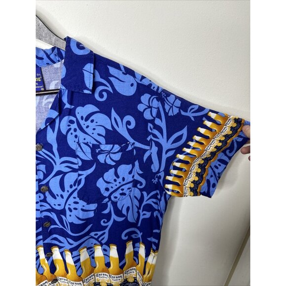 Corona Shirt Mens L Blue Bottles of Beer Hawaiian Print Button Up Camp - Picture 2 of 6